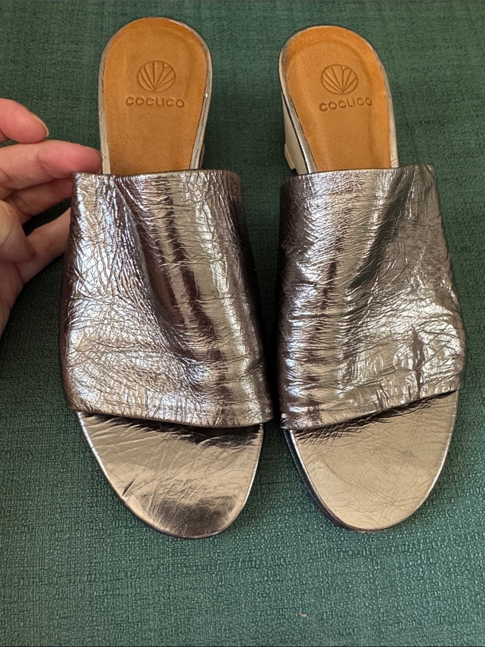 NWOB COCLICO Metallic Pewter Leather Slide Mules
